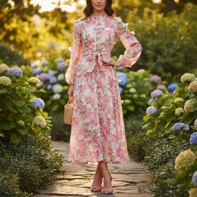 Langärmeliges Hemdkleid mit Blumenmuster – Eleganter französischer Stil