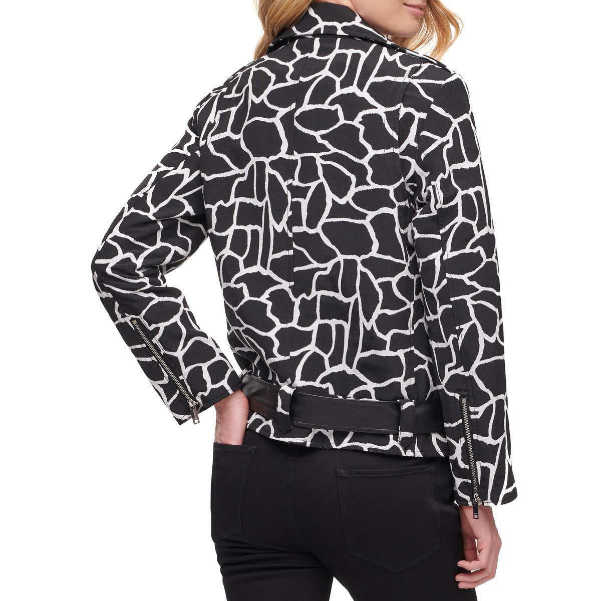Schwarz-weiße Animal-Print-Motorradjacke
