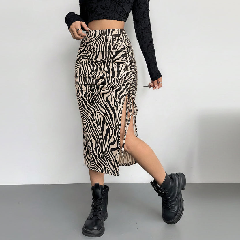 Midirock mit hohem Bund, gerafft und im Animal-Print – Cowgirl-Stil