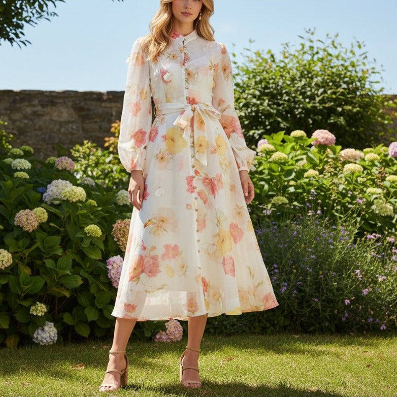 Langärmeliges Hemdkleid mit Blumenmuster – Eleganter französischer Stil