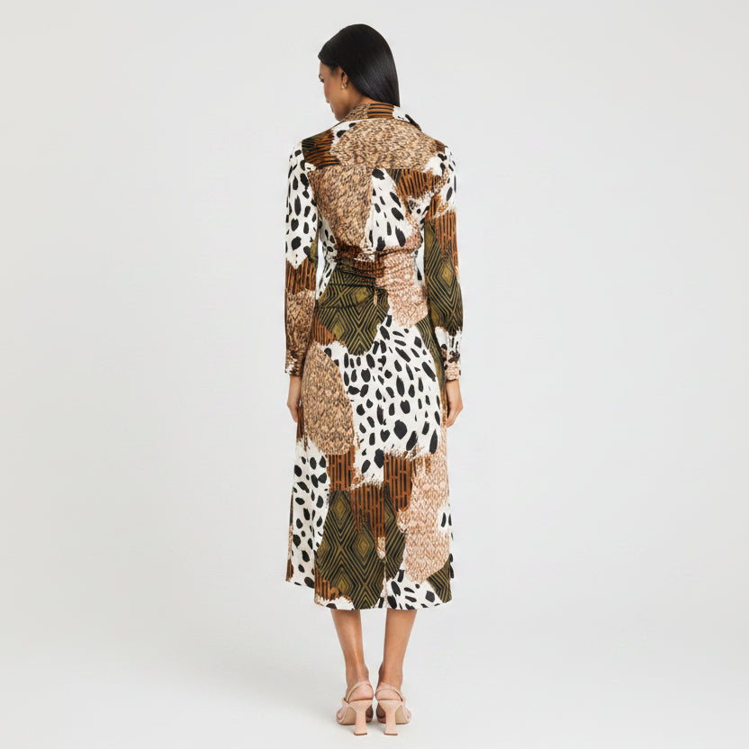 Langarm-Midikleid mit V-Ausschnitt und Wickeloptik – Abstrakter Print, A-Linien-Eleganz
