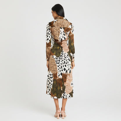 Long Sleeve V-Neck Midi Wrap Dress – Abstract Print A-Line Elegance