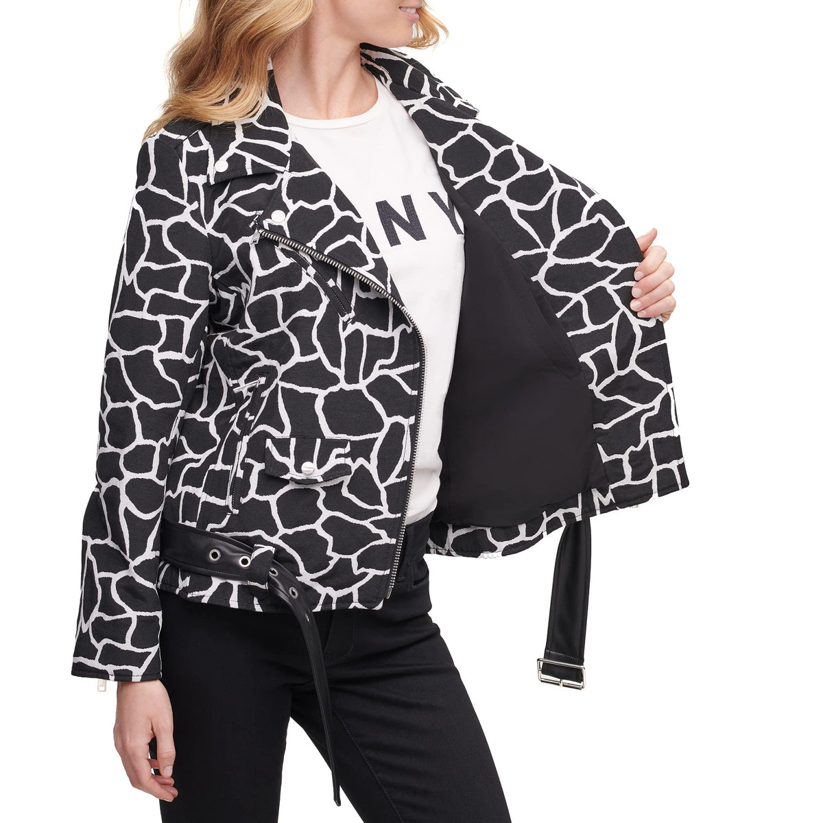 Schwarz-weiße Animal-Print-Motorradjacke