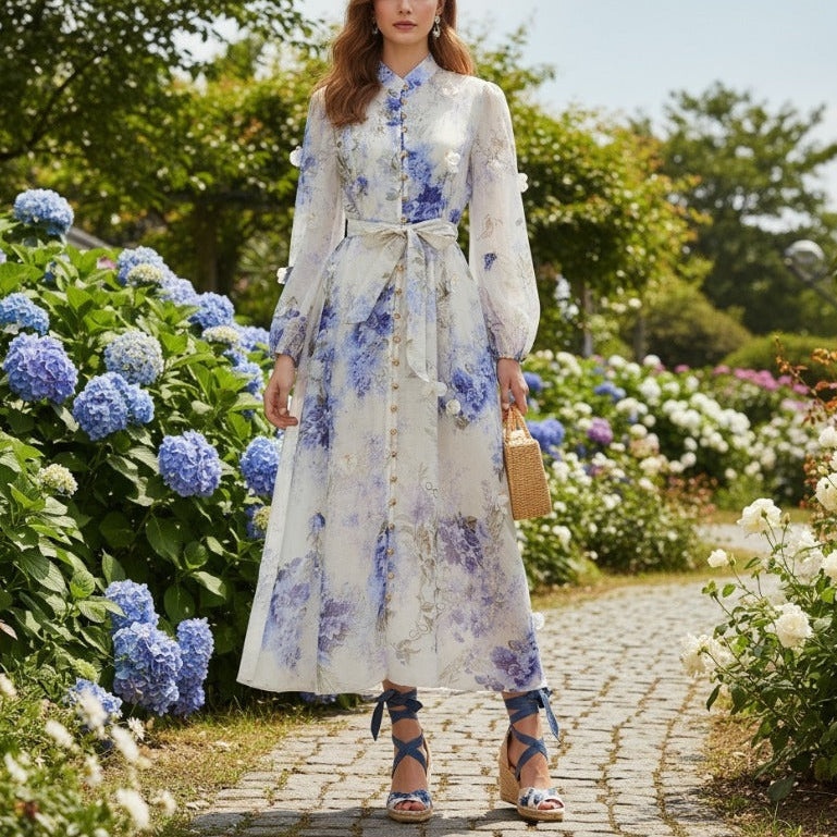 Langärmeliges Hemdkleid mit Blumenmuster – Eleganter französischer Stil