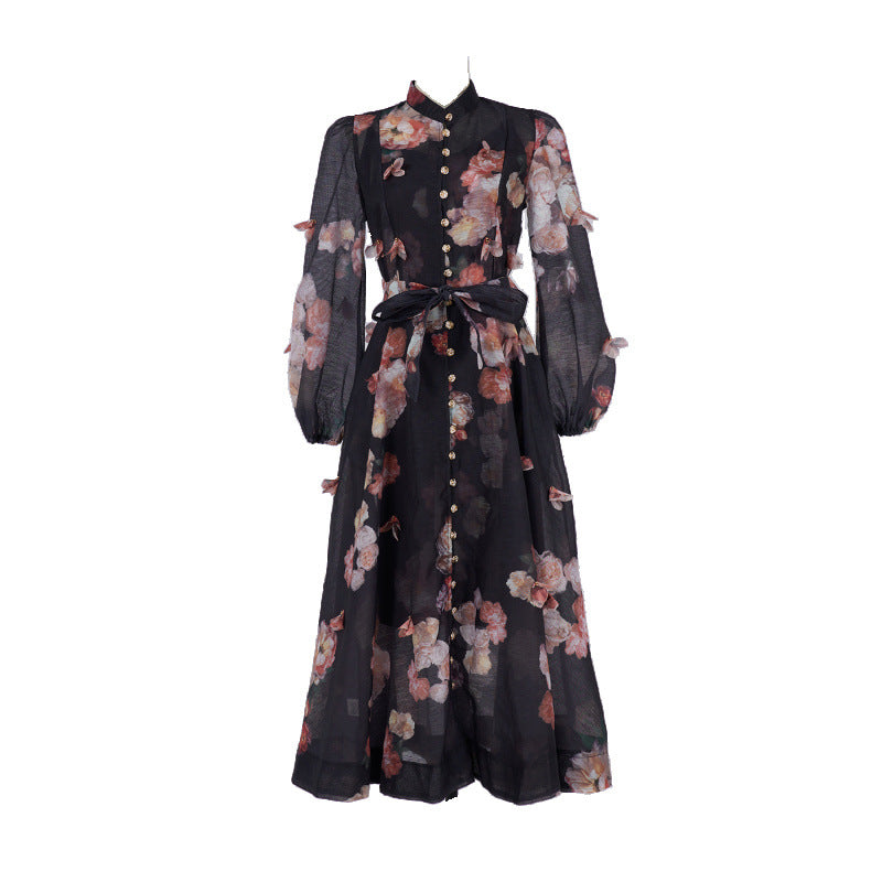Langärmeliges Hemdkleid mit Blumenmuster – Eleganter französischer Stil