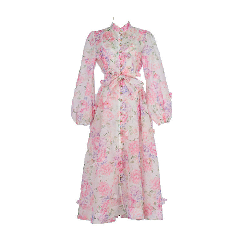 Floral Print Long Sleeve Button Down Dress – Elegant French Style