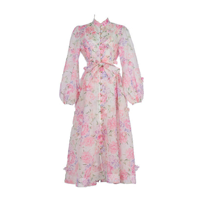 Floral Print Long Sleeve Button Down Dress – Elegant French Style