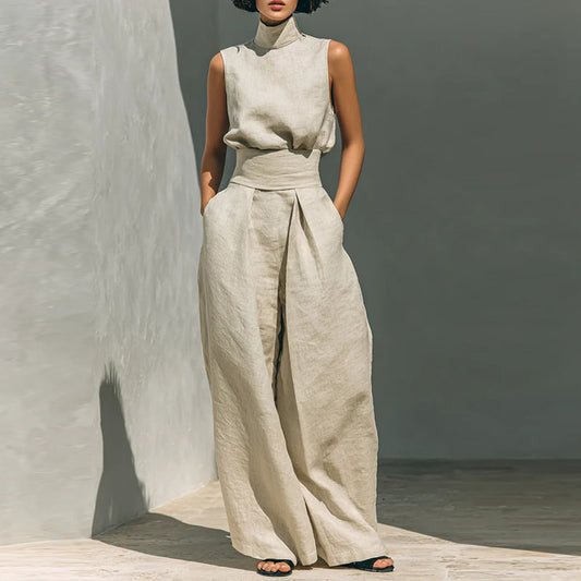 Conjunto minimalista de lino con cuello alto