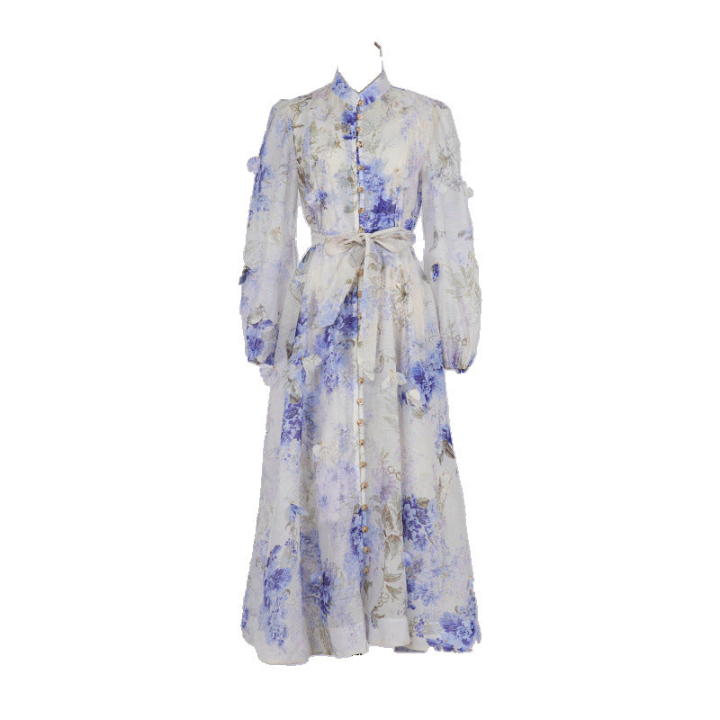 Langärmeliges Hemdkleid mit Blumenmuster – Eleganter französischer Stil