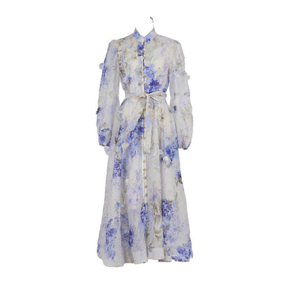 Floral Print Long Sleeve Button Down Dress – Elegant French Style