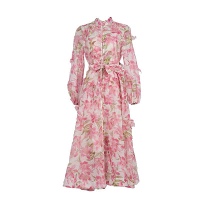 Floral Print Long Sleeve Button Down Dress – Elegant French Style