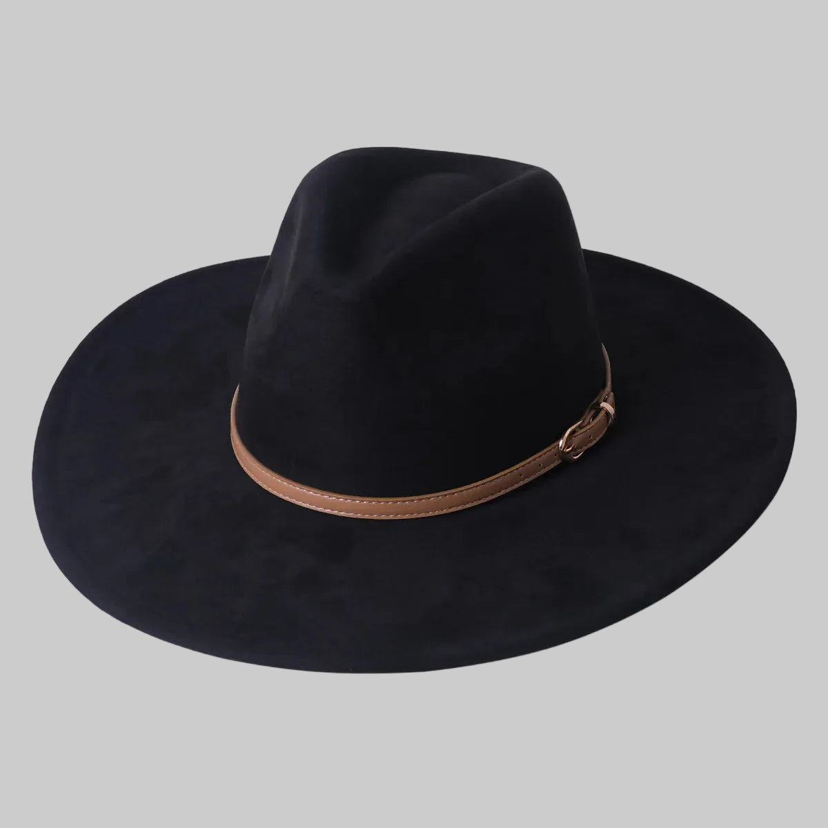 Chic Suede Wide-Brimmed Fedora Hat with Belt Accent