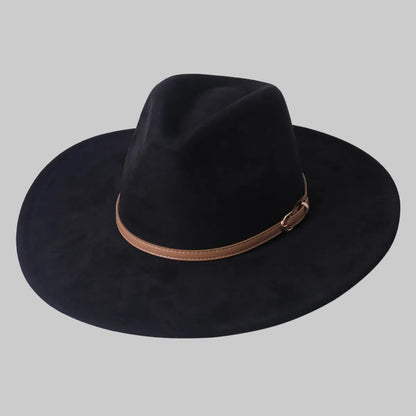 Chic Suede Wide-Brimmed Fedora Hat with Belt Accent