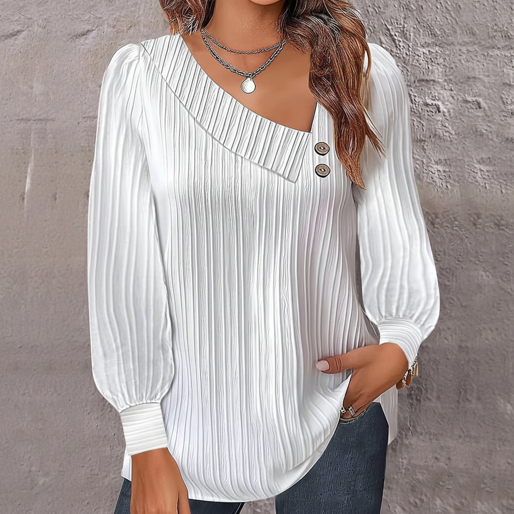 Asymmetrische Bluse mit Rippenstruktur und Puffärmeln am Hals