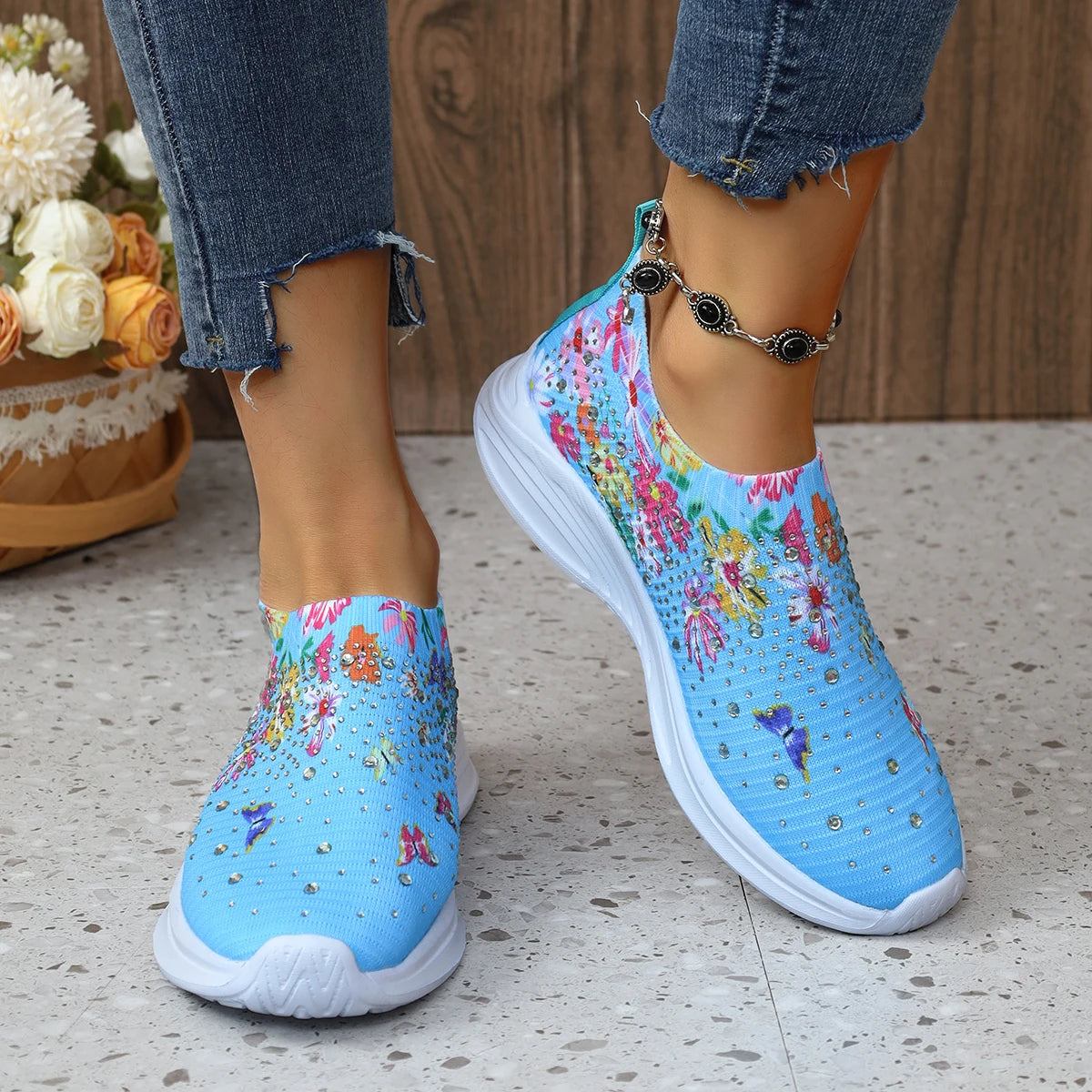 Blumenmuster Strick-Sneaker