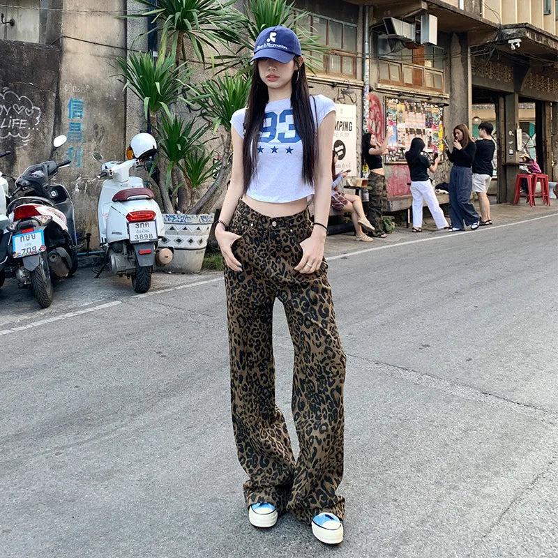 Chic Café Brown Leopard Print Wide Leg Jeans for Casual Everyday Looks