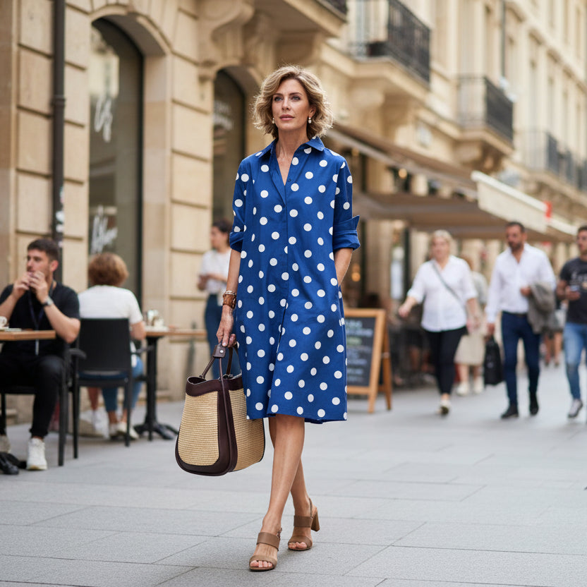 Elegantes Langarmkleid mit Polka-Dots und Knöpfen für zeitlosen Stil