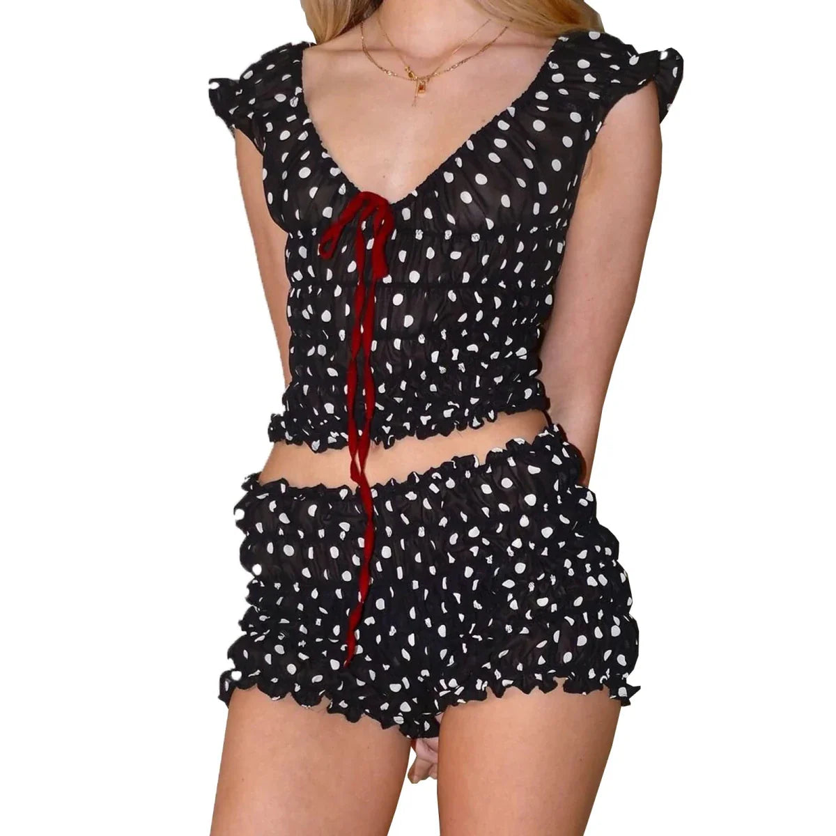 Polka Dot Ruffle Smocked Lounge Set
