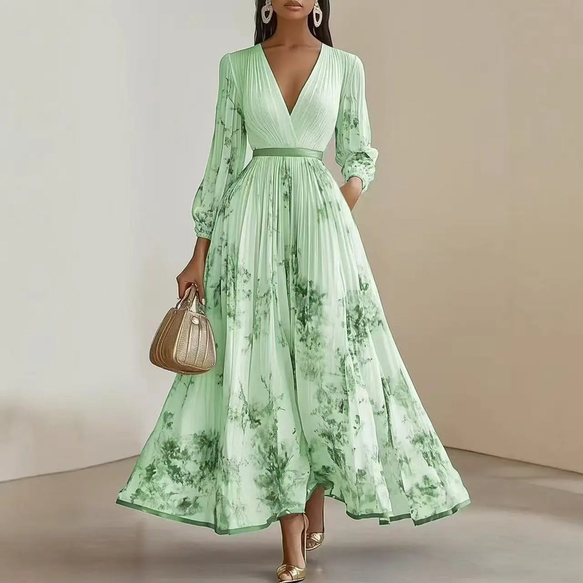 Refined Floral Long Sleeve Maxi Dress with Pleated Skirt
