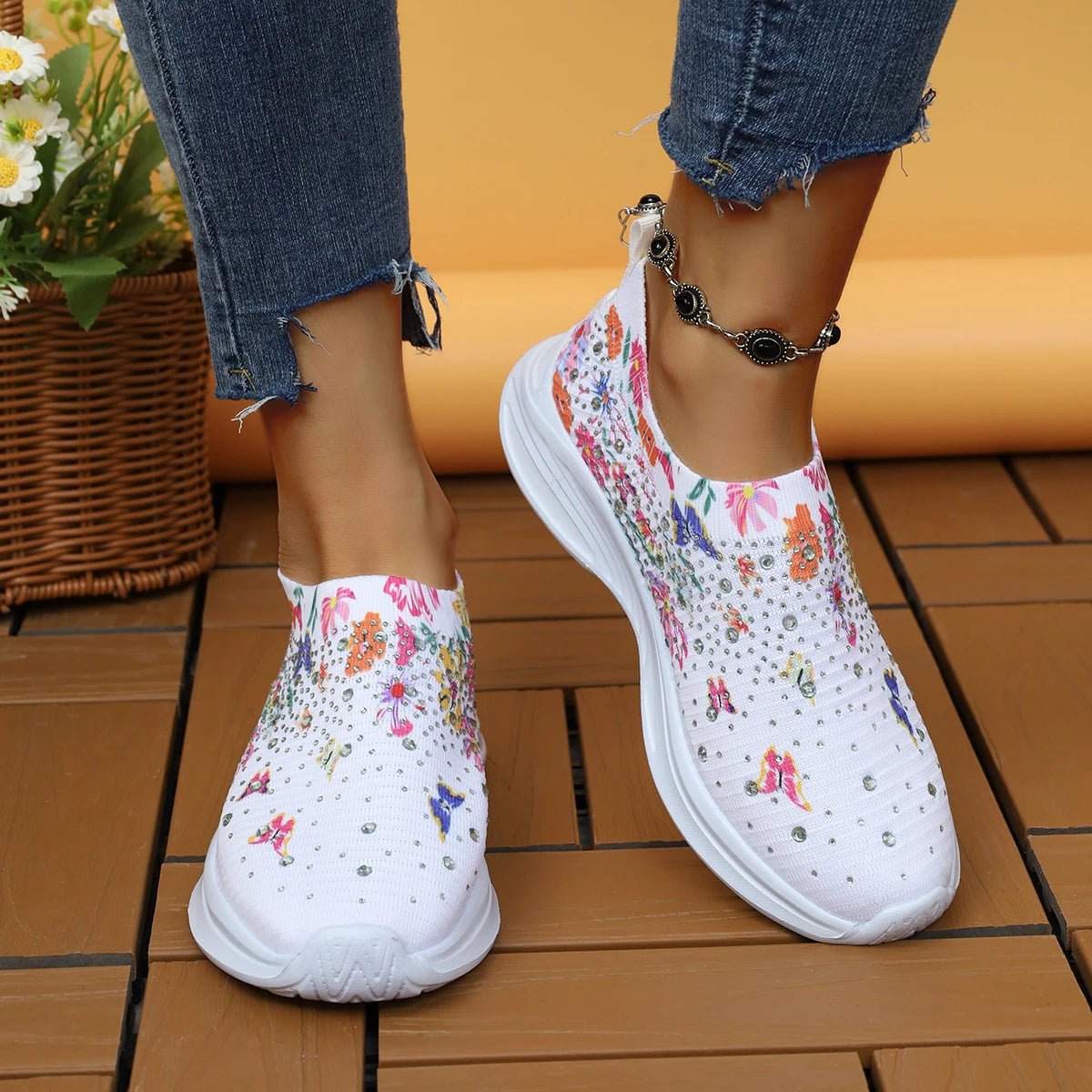Blumenmuster Strick-Sneaker