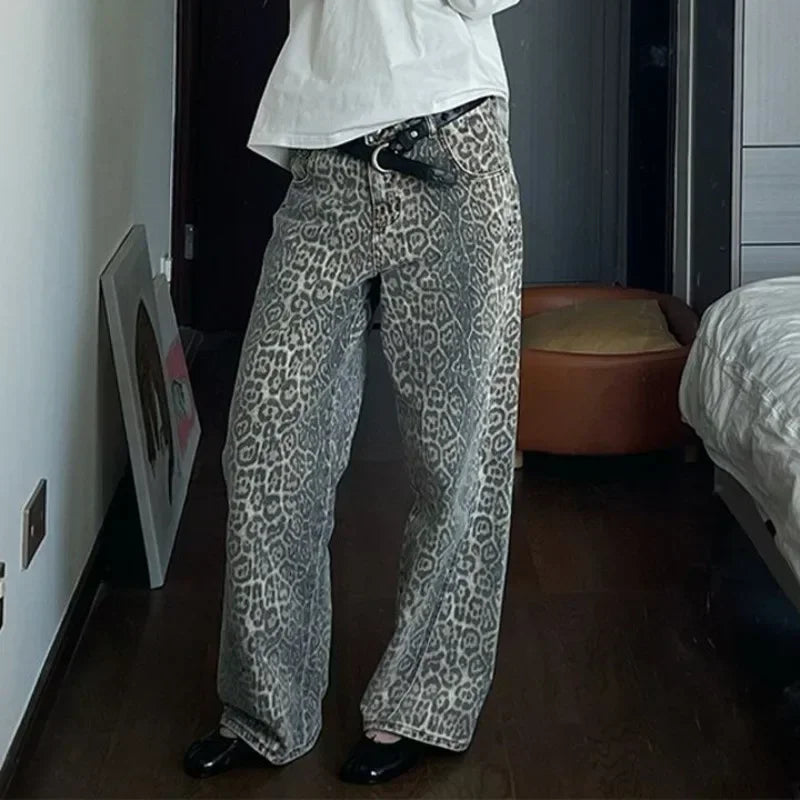 Trendy Leopard Print Baggy Cowboy Trousers for Relaxed Urban Style