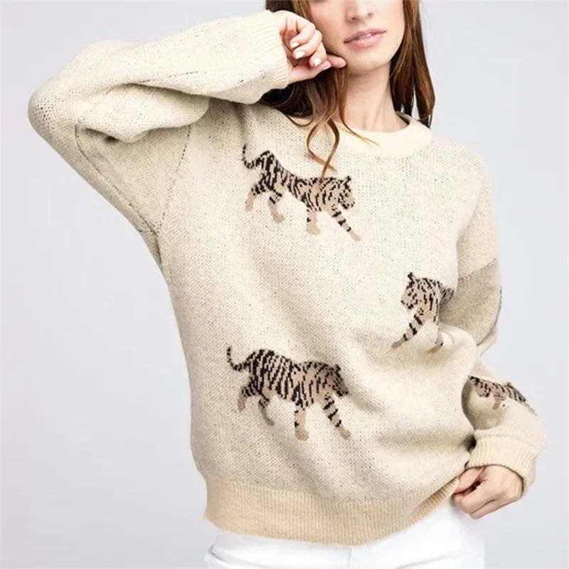 Warmer lockerer Pullover mit Tiger-Print für lässige Alltagsmode