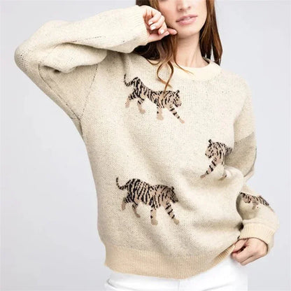 Warm Loose Tiger Print Sweater for Casual Everyday Fashion