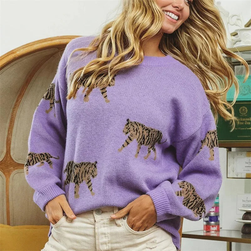 Warmer lockerer Pullover mit Tiger-Print für lässige Alltagsmode