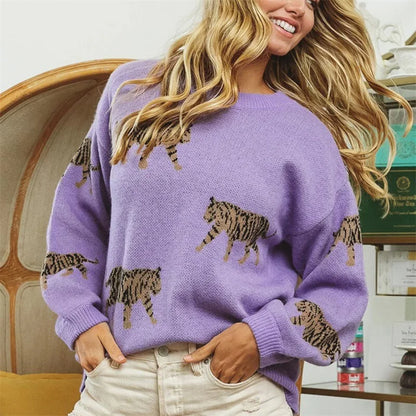 Warm Loose Tiger Print Sweater for Casual Everyday Fashion
