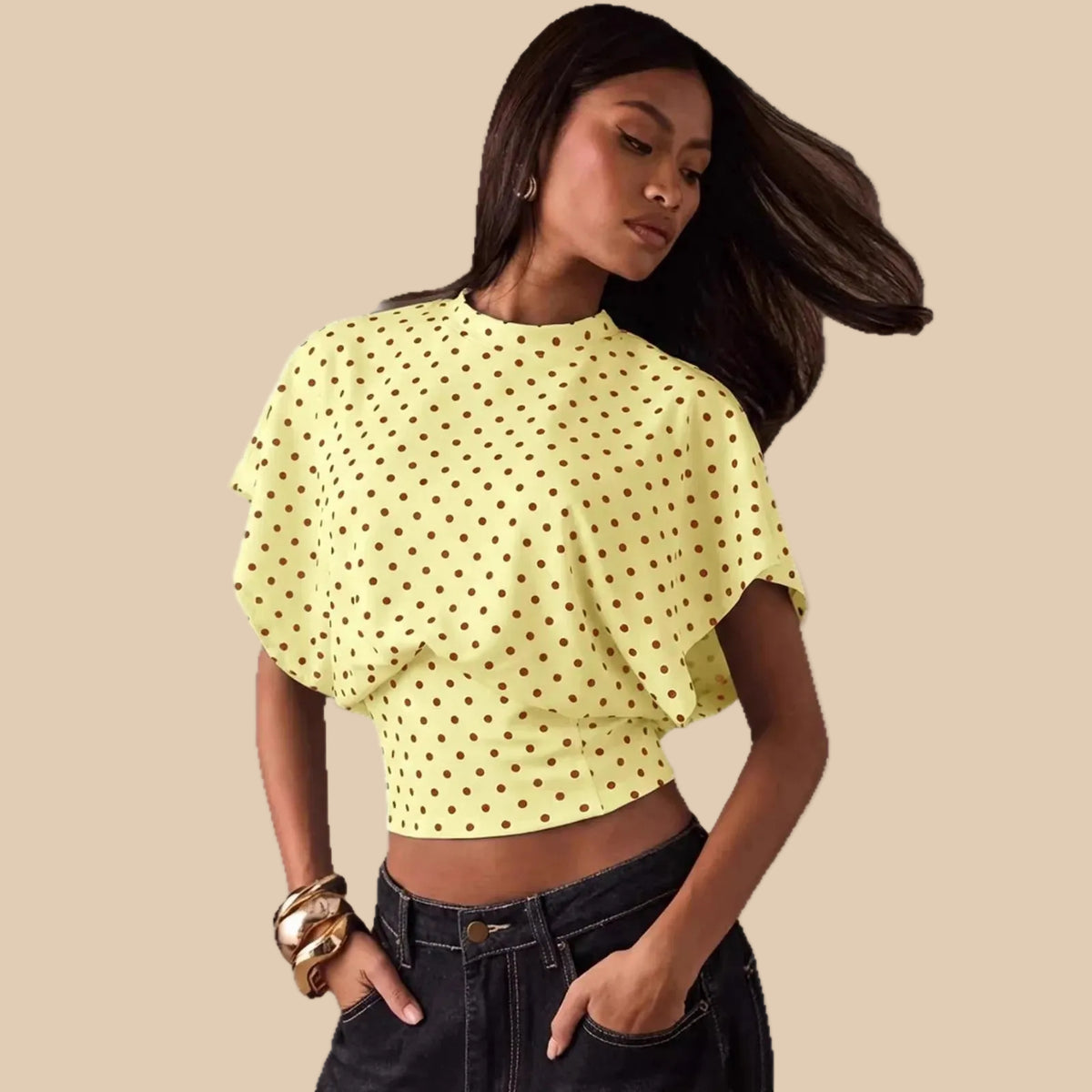 Elegantes Polka-Dot-Crop-Top mit Fledermausärmeln für femininen Stil