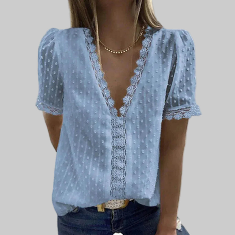 Elegantes Spitzen-Chiffon-Hemd mit kurzen Ärmeln für Büro und Freizeit