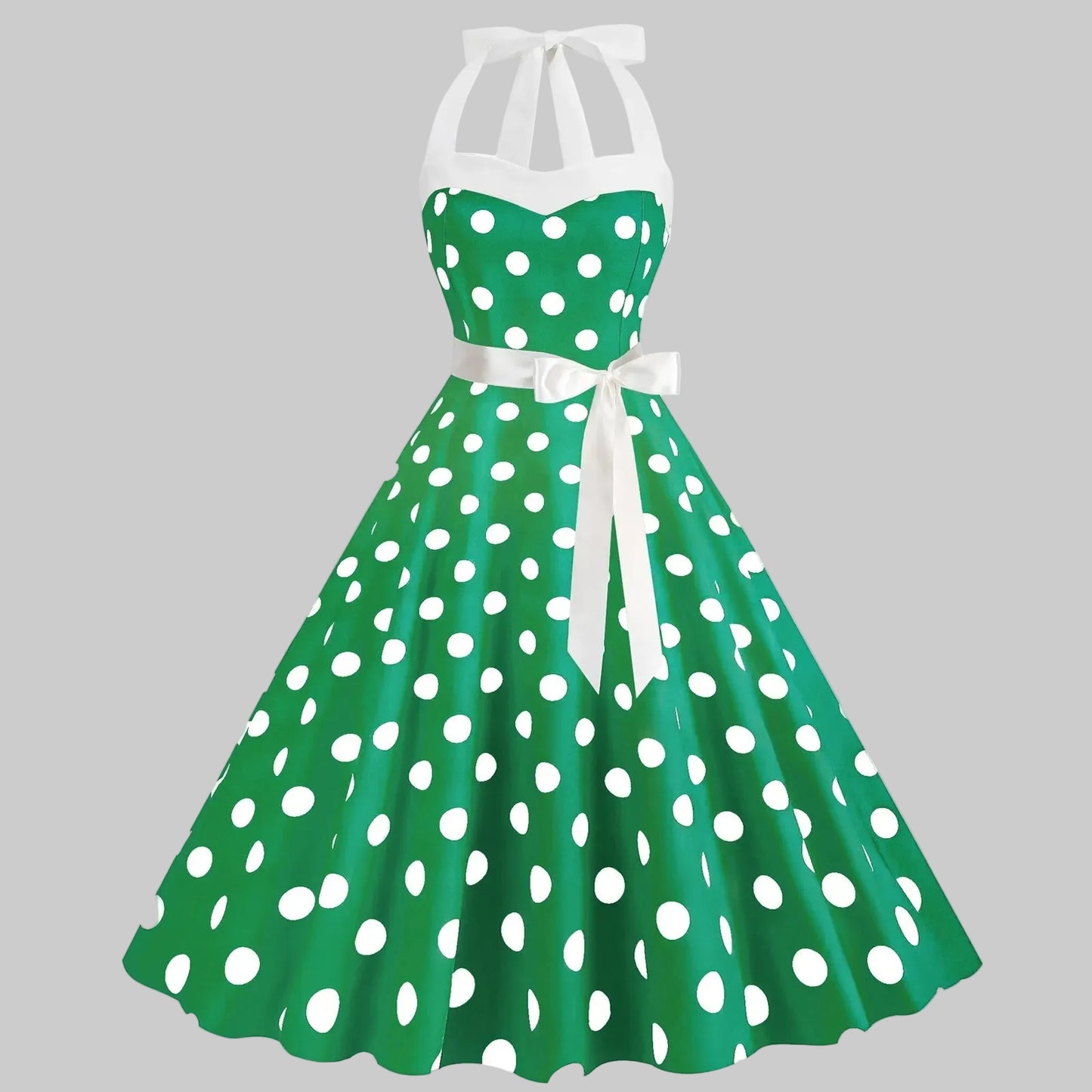 Elegantes gepunktetes Kleid mit voluminösem Rock und weitem Saum
