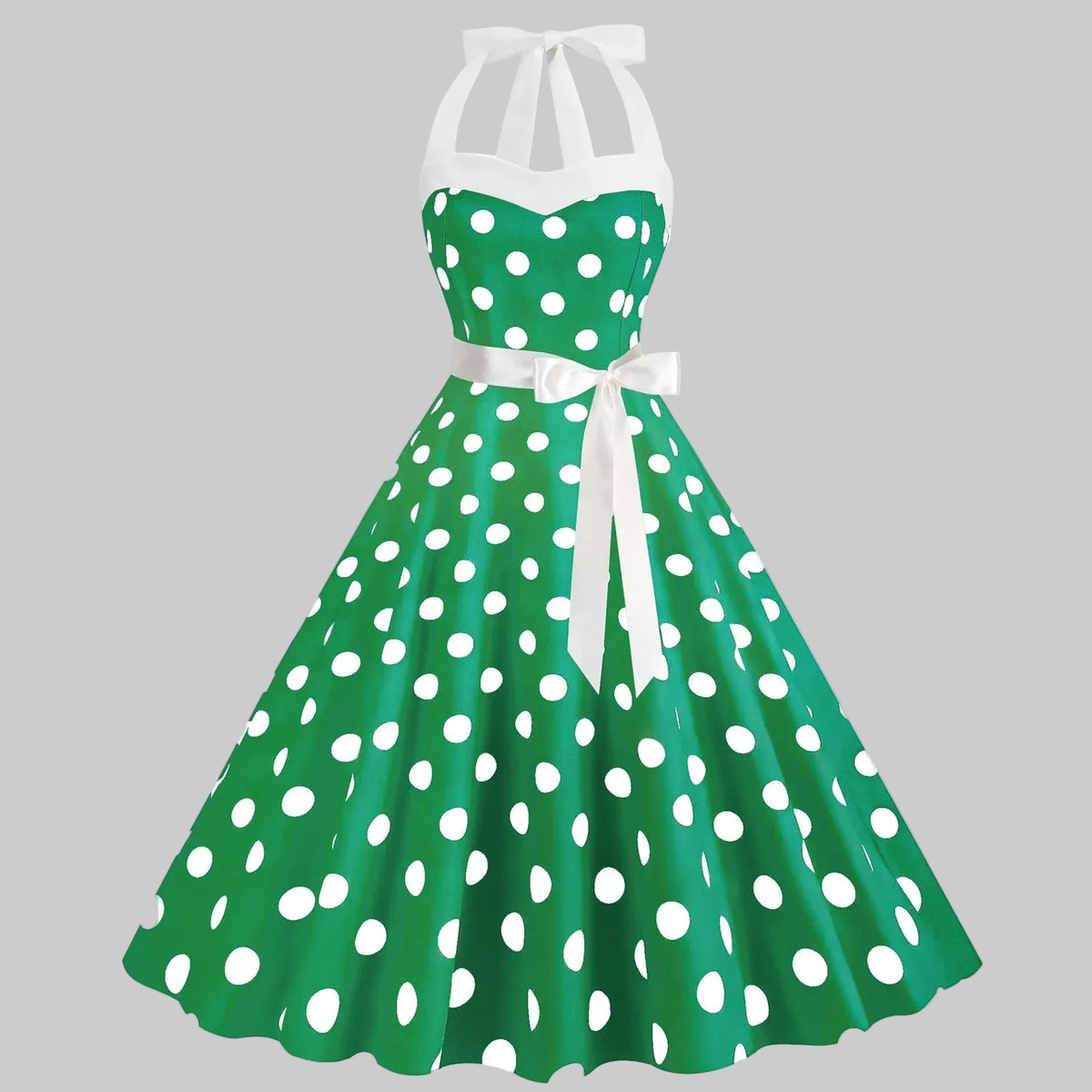 Elegantes gepunktetes Kleid mit voluminösem Rock und weitem Saum