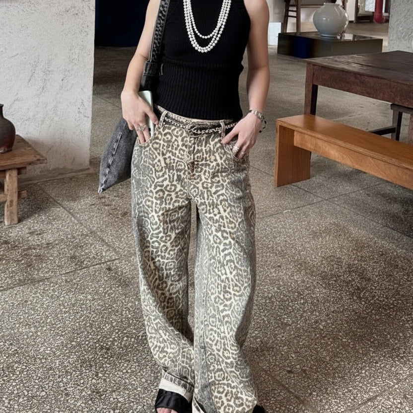 Trendy Leopard Print Baggy Cowboy Trousers for Relaxed Urban Style