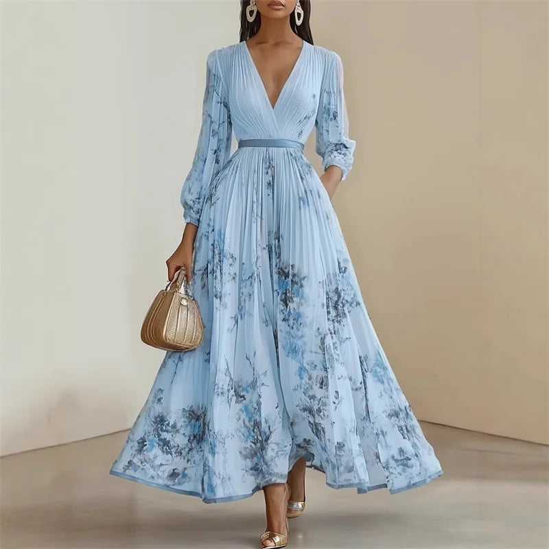 Refined Floral Long Sleeve Maxi Dress with Pleated Skirt
