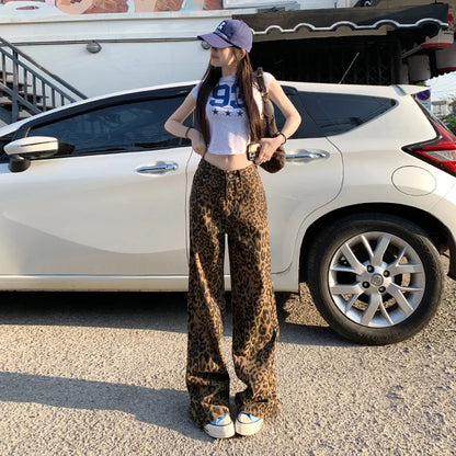 Chic Café Brown Leopard Print Wide Leg Jeans for Casual Everyday Looks