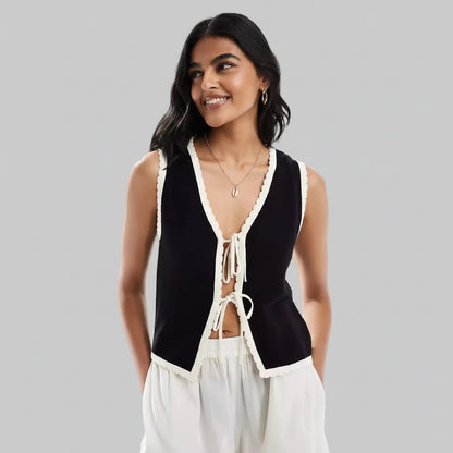 Chic Two-Tone Rope-Fastened Vest Top