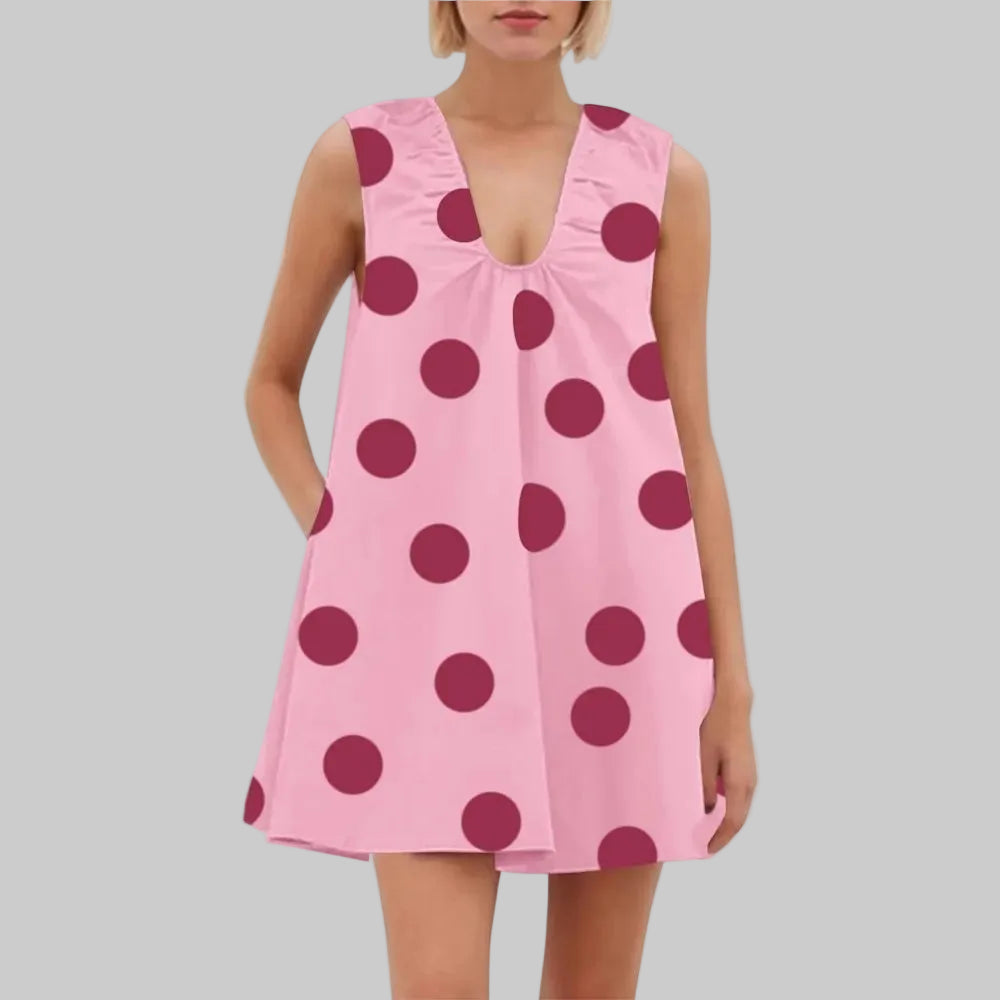 Schickes ärmelloses Kleid mit Polka Dots, V-Ausschnitt und Taschen für Strandtage