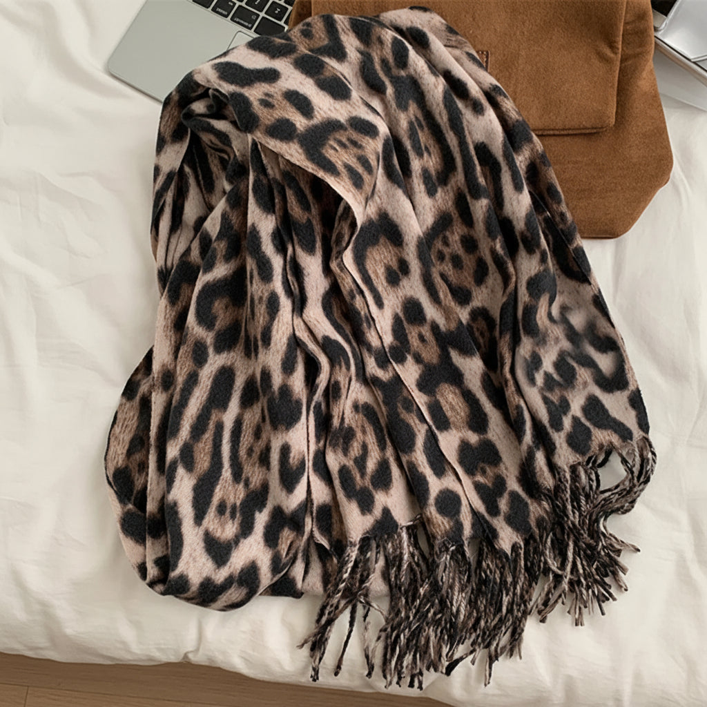 Chic Leopard Print Women’s Warm Scarf with Tassels for Cozy Style