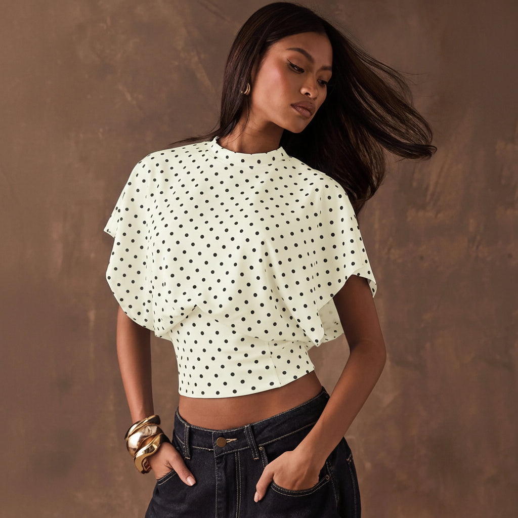 Elegantes Polka-Dot-Crop-Top mit Fledermausärmeln für femininen Stil