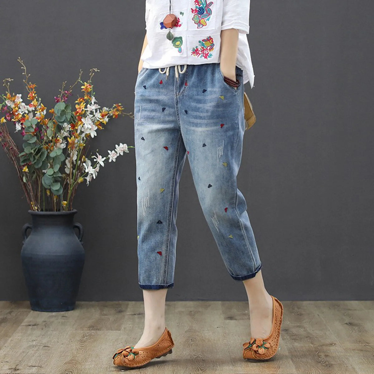 Boho bestickte, kurze Skinny-Jeans