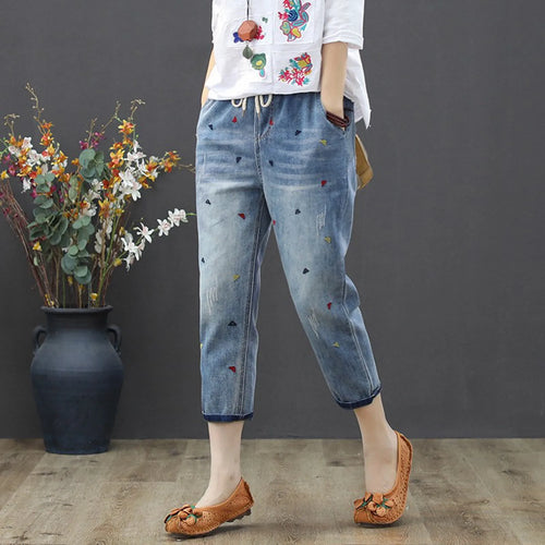 Boho bestickte, kurze Skinny-Jeans