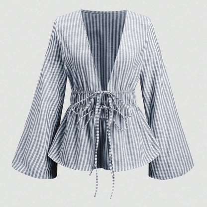 Striped Tie Bow Puff Sleeve Shirt