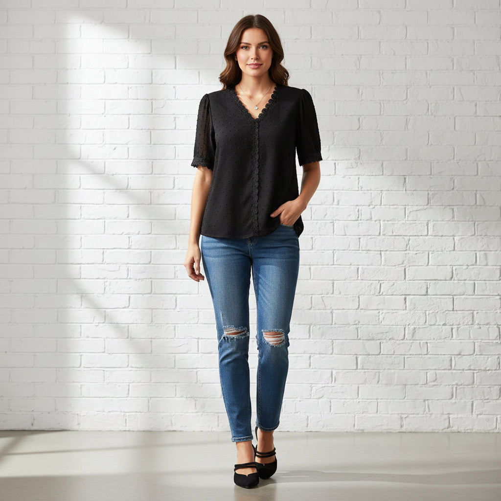 Elegantes Spitzen-Chiffon-Hemd mit kurzen Ärmeln für Büro und Freizeit