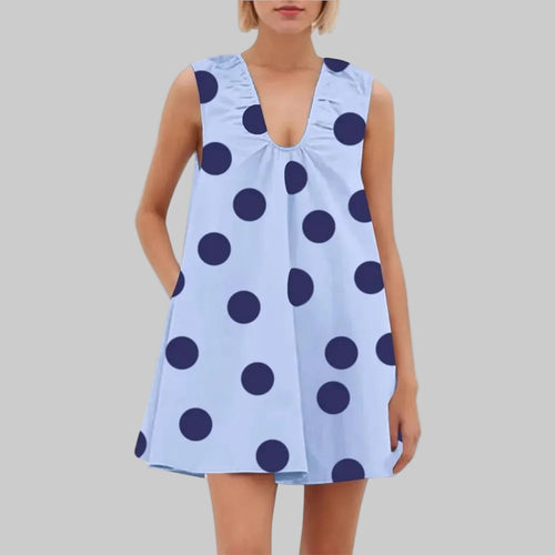 Chic Polka Dot Sleeveless Dress with V Neck and Pockets for Beach Days