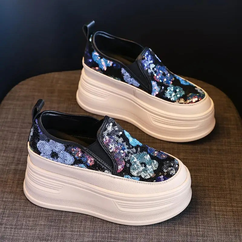 Pailletten Blumen Plateau-Sneaker