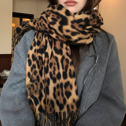 Chic Leopard Print Women’s Warm Scarf with Tassels for Cozy Style