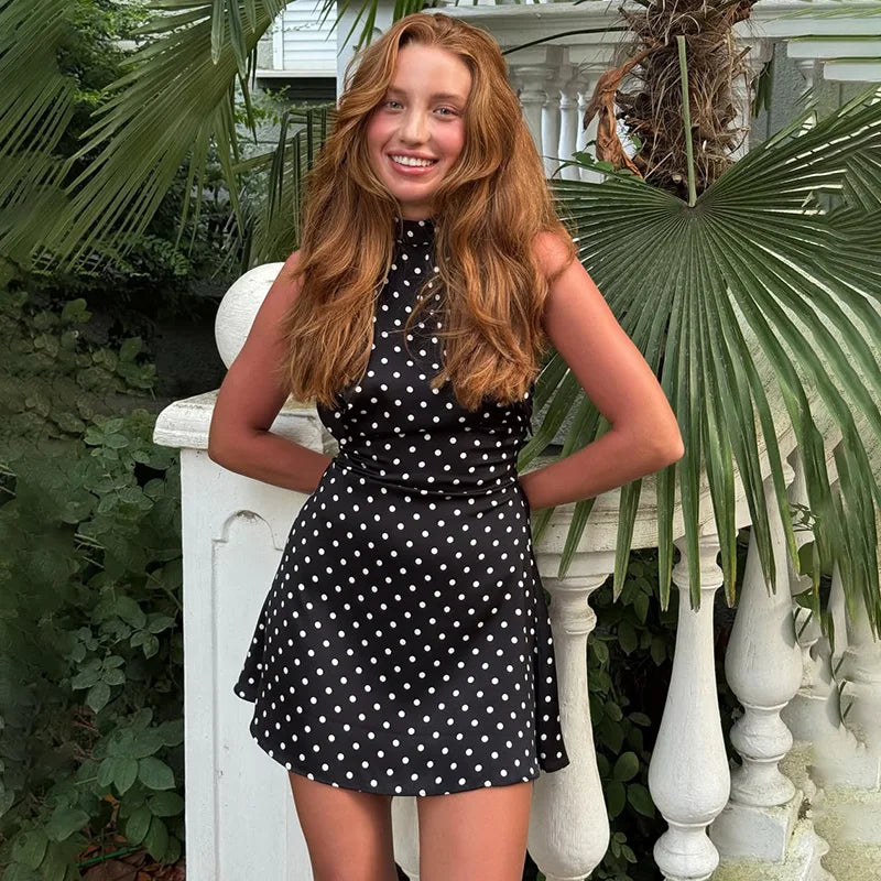 Women Polka Dot Halter Mini Dress Backless Slim Party