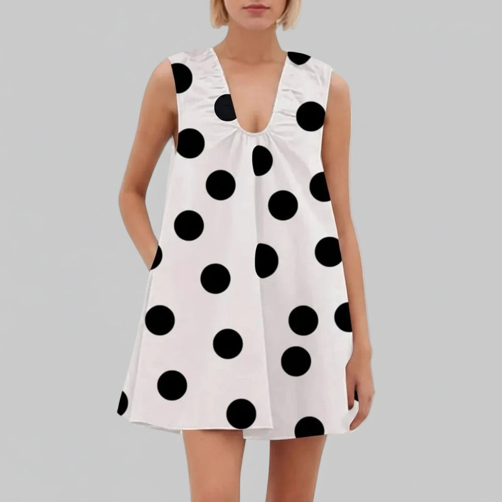 Schickes ärmelloses Kleid mit Polka Dots, V-Ausschnitt und Taschen für Strandtage