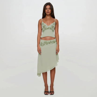 Elegant Backless Embroidered Crop Top with Halter Neck Design